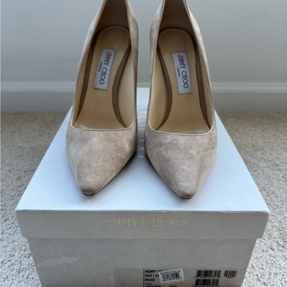 Jimmy Choo Romy 100 Nude Suede Heels